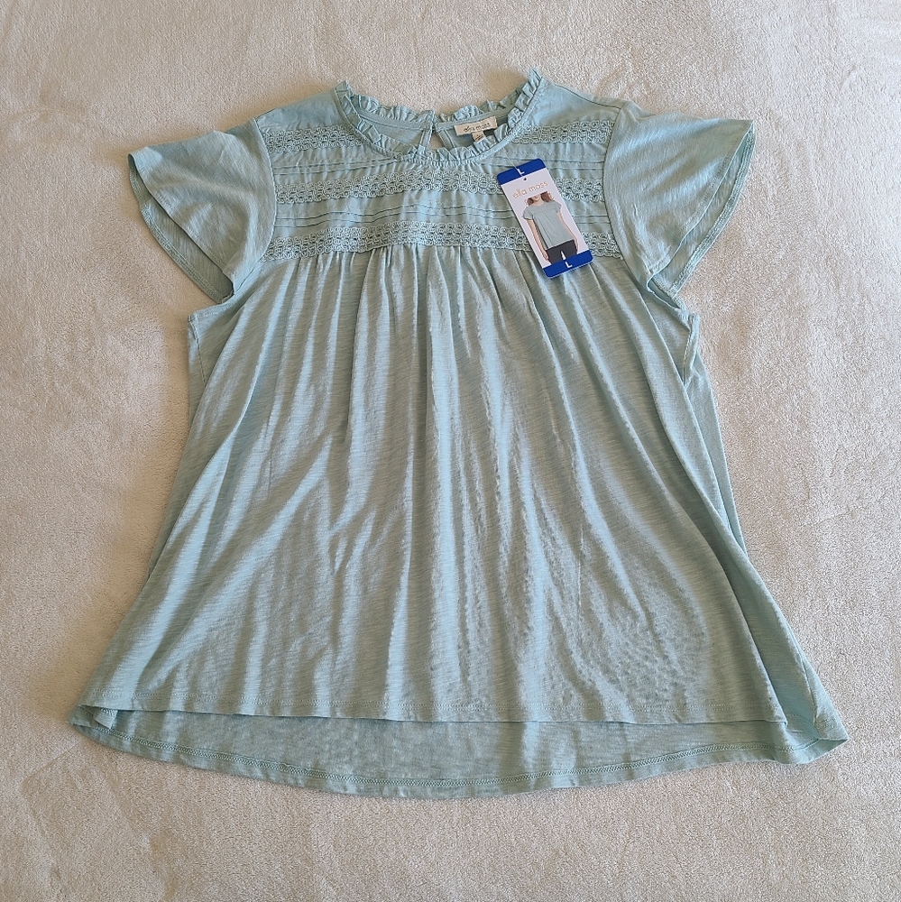 NWT Ella Moss Sage Green Lace Trim Knit Top Blouse Size L